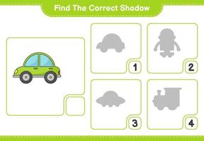 encontrar la sombra correcta. encontrar y hacer coincidir la sombra correcta del coche. juego educativo para niños, hoja de cálculo imprimible, ilustración vectorial vector