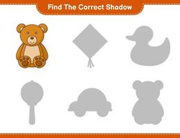 encontrar la sombra correcta. encuentra y combina la sombra correcta del oso de peluche. juego educativo para niños, hoja de cálculo imprimible, ilustración vectorial vector