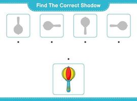 encontrar la sombra correcta. encuentra y combina la sombra correcta del sonajero. juego educativo para niños, hoja de cálculo imprimible, ilustración vectorial vector