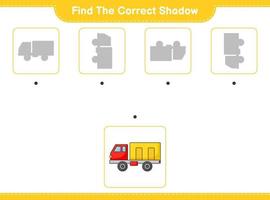 encontrar la sombra correcta. encontrar y hacer coincidir la sombra correcta del camión. juego educativo para niños, hoja de cálculo imprimible, ilustración vectorial vector