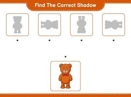 encontrar la sombra correcta. encuentra y combina la sombra correcta del oso de peluche. juego educativo para niños, hoja de cálculo imprimible, ilustración vectorial vector