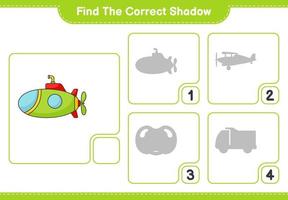 Find the correct shadow. Find and match the correct shadow of Submarine. Educational children game, printable worksheet, vector illustration