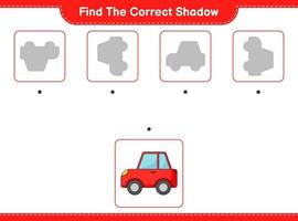 encontrar la sombra correcta. encontrar y hacer coincidir la sombra correcta del coche. juego educativo para niños, hoja de cálculo imprimible, ilustración vectorial vector