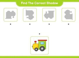 Find the correct shadow. Find and match the correct shadow of Train. Educational children game, printable worksheet, vector illustration