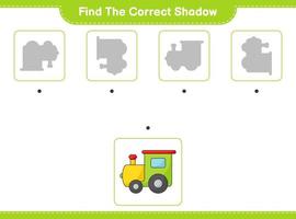 encontrar la sombra correcta. encuentra y combina la sombra correcta del tren. juego educativo para niños, hoja de cálculo imprimible, ilustración vectorial vector