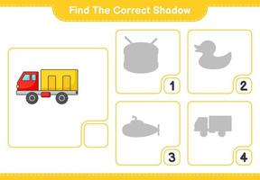 encontrar la sombra correcta. encontrar y hacer coincidir la sombra correcta del camión. juego educativo para niños, hoja de cálculo imprimible, ilustración vectorial vector