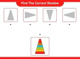 encontrar la sombra correcta. encuentra y combina la sombra correcta del juguete piramidal. juego educativo para niños, hoja de cálculo imprimible, ilustración vectorial vector