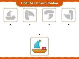 Find the correct shadow. Find and match the correct shadow of Boat. Educational children game, printable worksheet, vector illustration