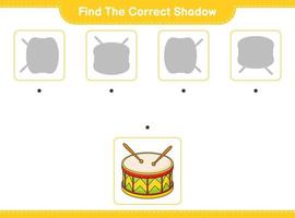 encontrar la sombra correcta. encuentra y combina la sombra correcta del tambor. juego educativo para niños, hoja de cálculo imprimible, ilustración vectorial vector