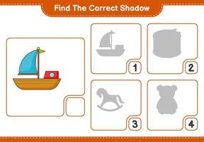 encontrar la sombra correcta. encuentra y combina la sombra correcta del barco. juego educativo para niños, hoja de cálculo imprimible, ilustración vectorial vector