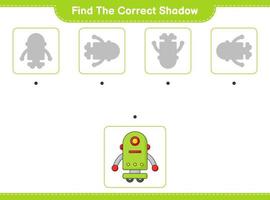 encontrar la sombra correcta. encuentra y combina la sombra correcta del personaje del robot. juego educativo para niños, hoja de cálculo imprimible, ilustración vectorial vector