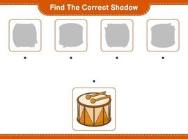 Find the correct shadow. Find and match the correct shadow of Drum. Educational children game, printable worksheet, vector illustration