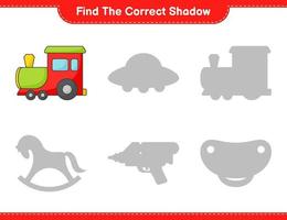 encontrar la sombra correcta. encuentra y combina la sombra correcta del tren. juego educativo para niños, hoja de cálculo imprimible, ilustración vectorial vector