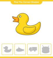 Find the correct shadow. Find and match the correct shadow of Rubber Duck. Educational children game, printable worksheet, vector illustration