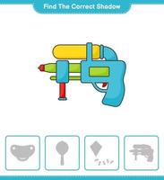 encontrar la sombra correcta. encuentra y combina la sombra correcta de la pistola de agua. juego educativo para niños, hoja de cálculo imprimible, ilustración vectorial vector