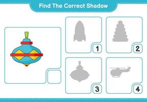 encontrar la sombra correcta. encuentra y combina la sombra correcta del juguete de perinola. juego educativo para niños, hoja de cálculo imprimible, ilustración vectorial vector