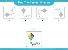 encontrar la sombra correcta. encuentra y combina la sombra correcta de la cometa. juego educativo para niños, hoja de cálculo imprimible, ilustración vectorial vector