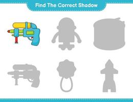 Find the correct shadow. Find and match the correct shadow of Water Gun. Educational children game, printable worksheet, vector illustration