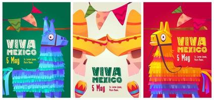 Viva Mexico cartoon flyers with mexican pinatas vector