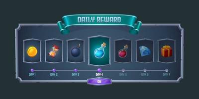 Daily reward frame with item icons for game design vector