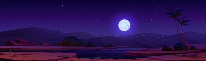 Night desert oasis under full moon starry sky vector