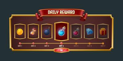 Daily game reward graphic interface, menu panel vector