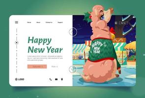 Happy New Year greetings with cute llama landing vector