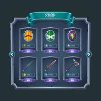 Rpg game shop menu panel with medieval weapon. vector