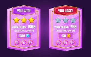 Game ui interface crystal boards with win and lose vector