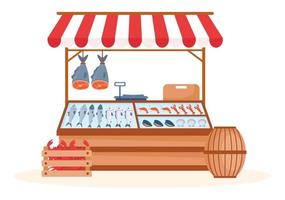 Fish Store to Market Various Fresh and Hygienic Products Seafood in Flat Cartoon Hand Drawn Templates Illustration vector