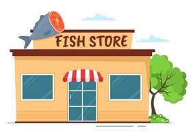 tienda de pescado para comercializar varios productos frescos e higiénicos mariscos en dibujos animados planos dibujados a mano ilustración de plantillas vector