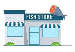 tienda de pescado para comercializar varios productos frescos e higiénicos mariscos en dibujos animados planos dibujados a mano ilustración de plantillas vector