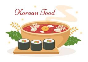 menú de comida coreana de varios platos de cocina deliciosa tradicional o nacional en ilustración de plantillas dibujadas a mano de dibujos animados planos vector