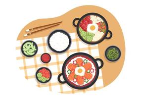 menú de comida coreana de varios platos de cocina deliciosa tradicional o nacional en ilustración de plantillas dibujadas a mano de dibujos animados planos vector