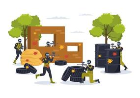 gente jugando paintball de un jugador de combate disparando con un arma, apuntando, atacando en la escena del campo en una caricatura plana dibujada a mano ilustración de plantilla vector