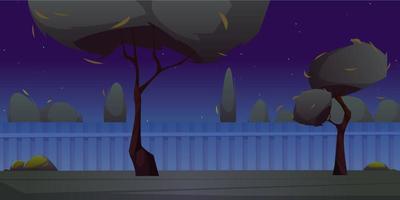 Backyard with fence, grass and trees at night vector