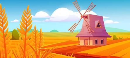 Windmill on farm nature landscape, plowed field vector