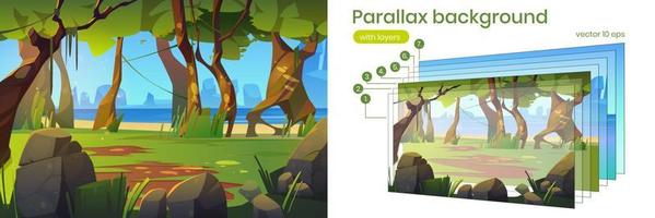 Parallax background with jungle forest and river vector