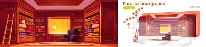 fondo de paralaje con interior de biblioteca vector