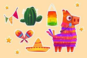 Set of stickers Mexican pinata donkey, cactus vector