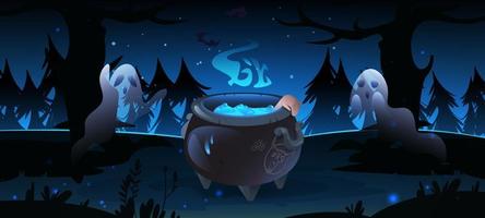 Forest with witch cauldron and ghosts at night vector