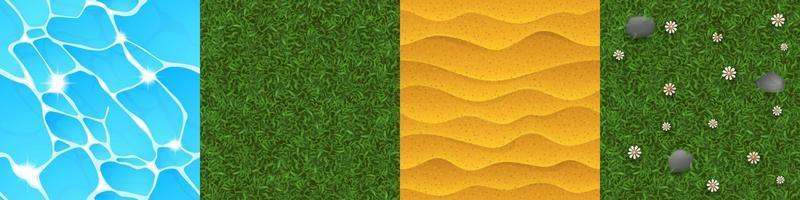 Game textures of water, green lawn, sand and grass vector