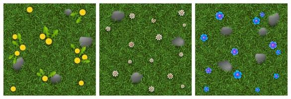 Textures of green grass with flowers and stones vector