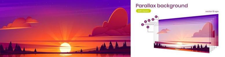 Parallax background with lake landscape at sunset vector