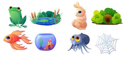 Animals with habitats, spider, fish, frog, rabbit vector