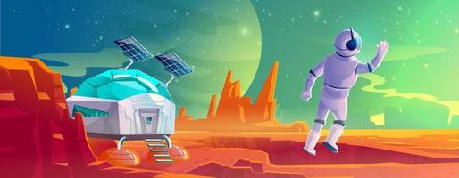 Astronaut on alien planet landscape, colonization vector