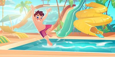 Boy jump in pool in aqua park with water slides vector