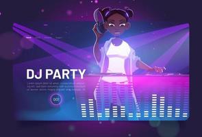 Dj party cartoon landing page, girl disc jockey vector