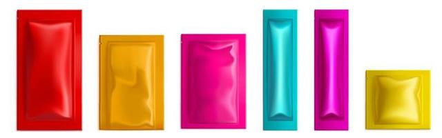 Colorful sachet, pouch bags vector packs 3d mockup