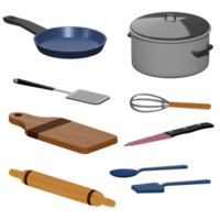 Les ustensiles de cuisine en rendu 3d comprennent une fourchette, une cuillère, un couteau, une planche à découper, une poêle à frire, un rouleau à pâtisserie, un fouet, un pot parfait pour un projet de conception png